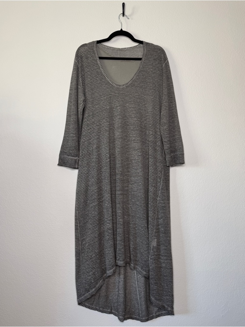 Transit Par-Such Gray Linen Stripe Dress High Low Hem Detached Lining Size L